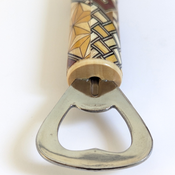 Japanese "Yosegi-zaiku" Marquetry Kokeshi Style Bottle Opener Handmade Folk Art - Picture 11 of 12